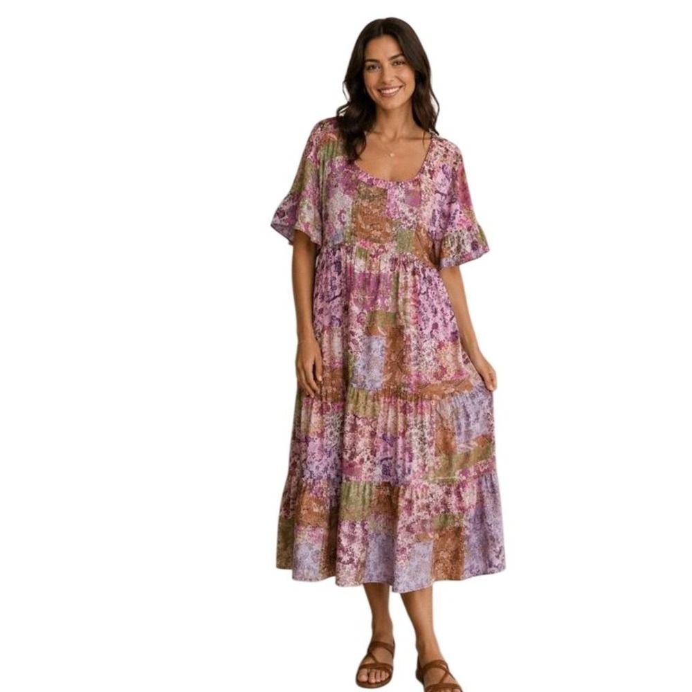 Johnny Was Macy Midi Dress Patchwork Floral Cotton Silk Multi L35922-5 NWT